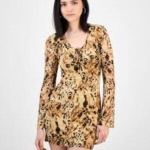 Bar III Women's Printed Tie-Neck Long-Sleeve Mesh Dress Size XS